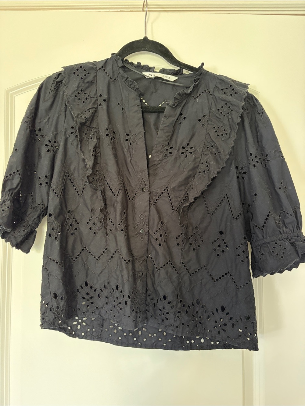 Zara black Eyelet Ruffle Collar Button-Front Blouse